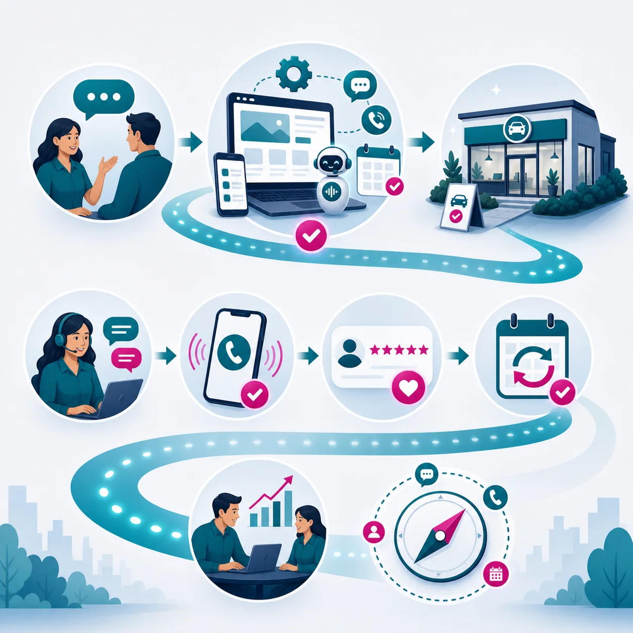 Illustration of a DMV Partner office launch process from discovery call to website, automation, reviews, renewals, and growth check-ins