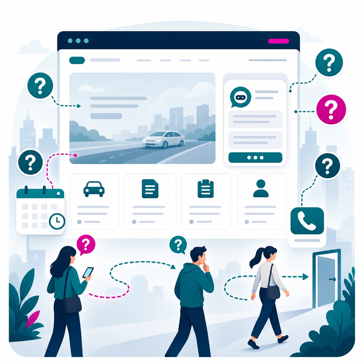 Illustration of website visitors leaving because registration questions are unanswered
