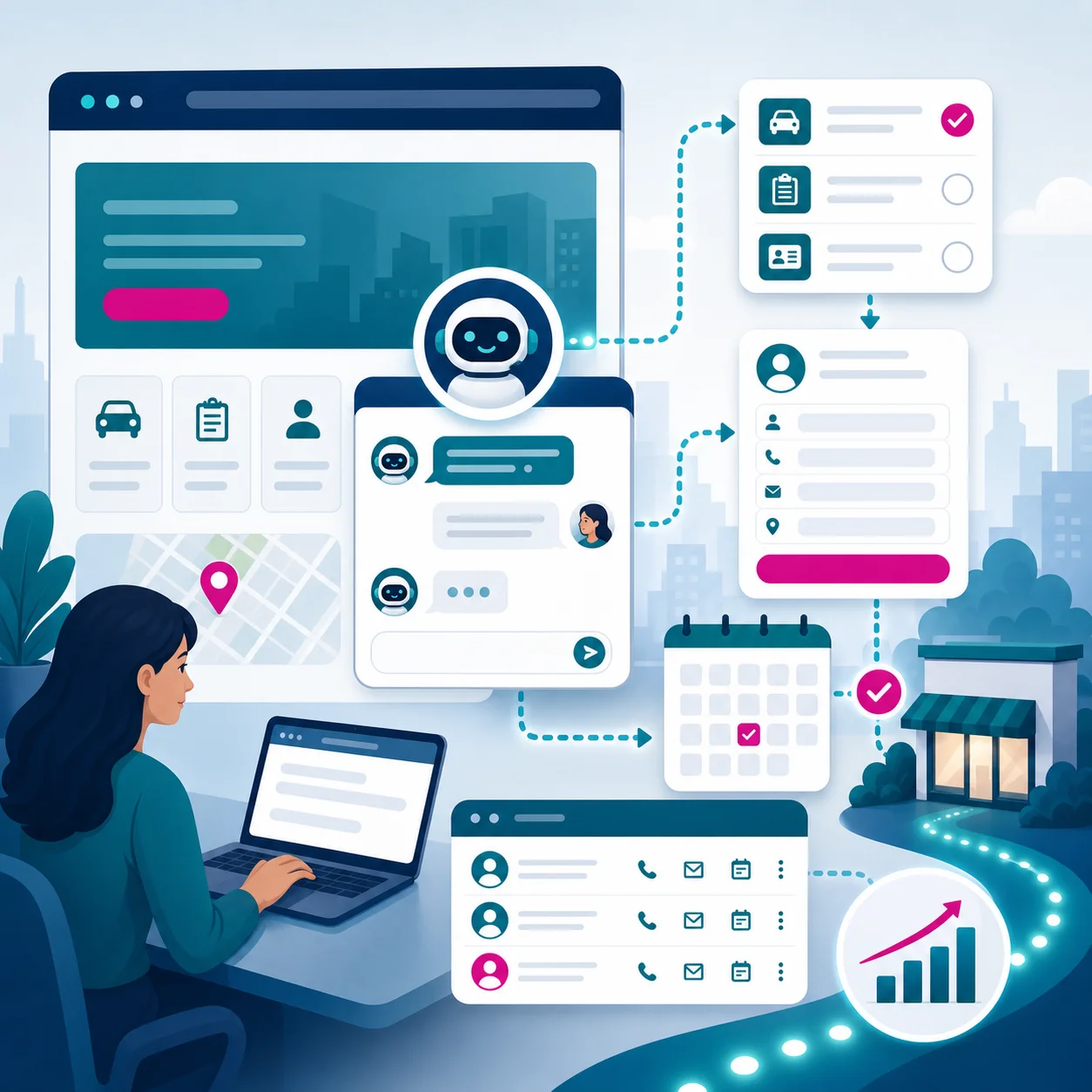 Illustration of an AI website chatbot capturing lead details and guiding visitors toward booking