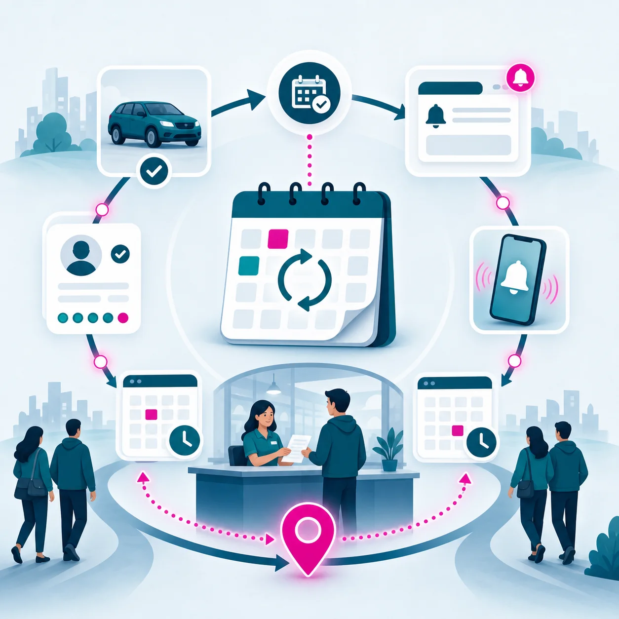 Illustration of renewal reminders bringing past customers back for repeat appointments