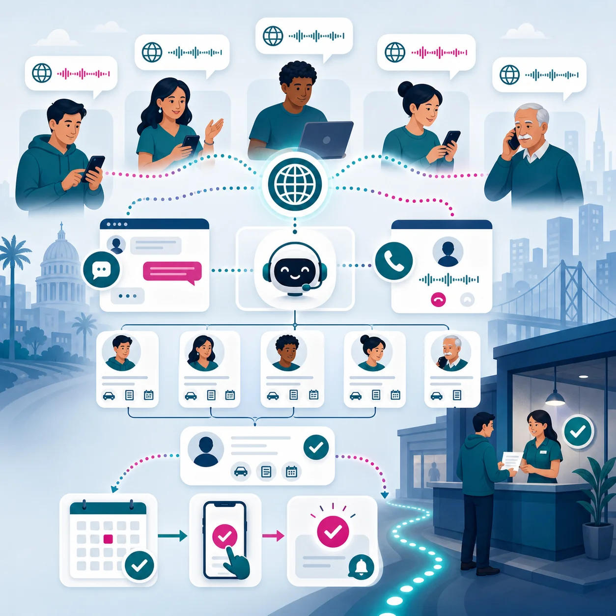 Illustration of multilingual website, chat, phone, and booking support guiding customers