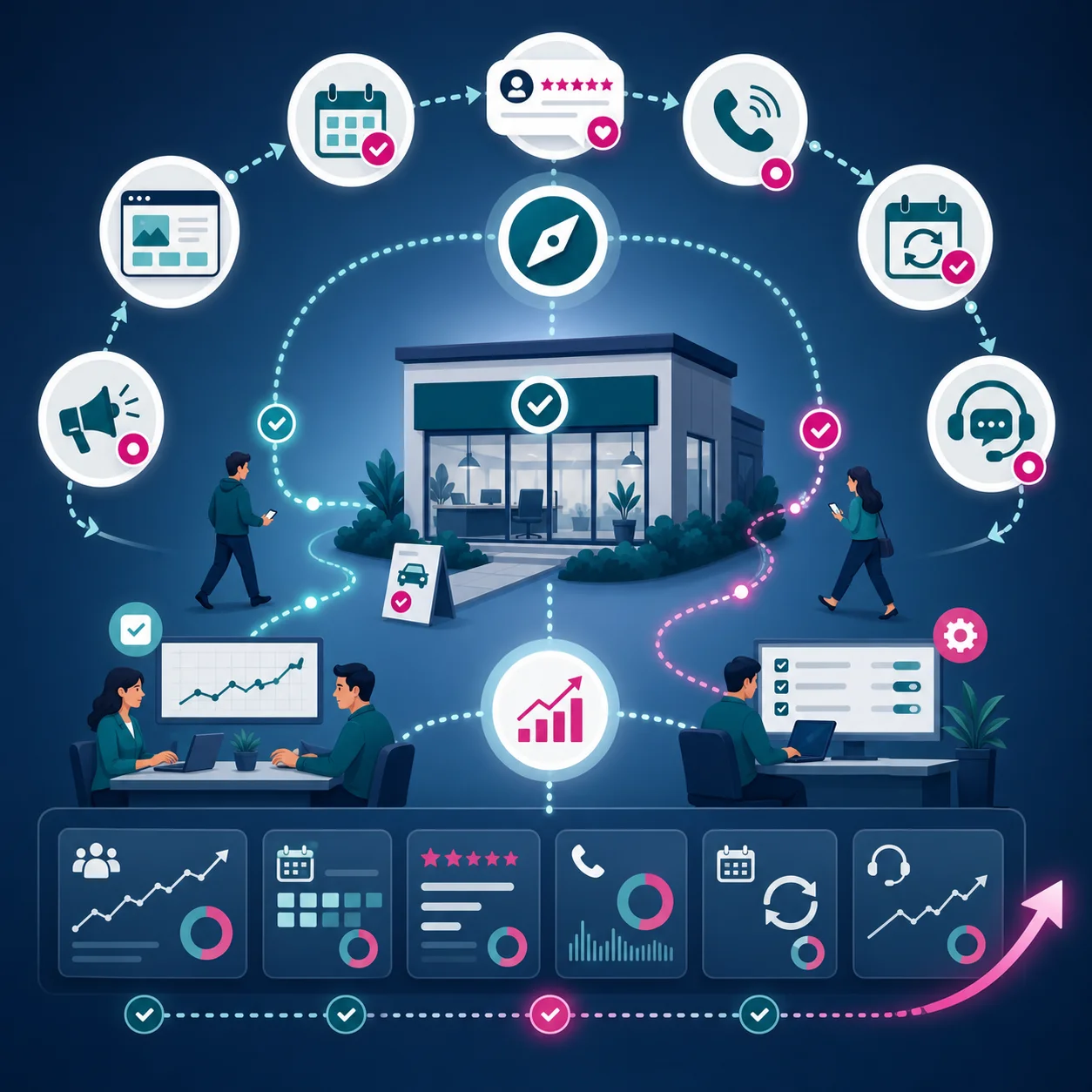 Illustration of an ongoing improvement loop connecting website, booking, reviews, calls, and renewals
