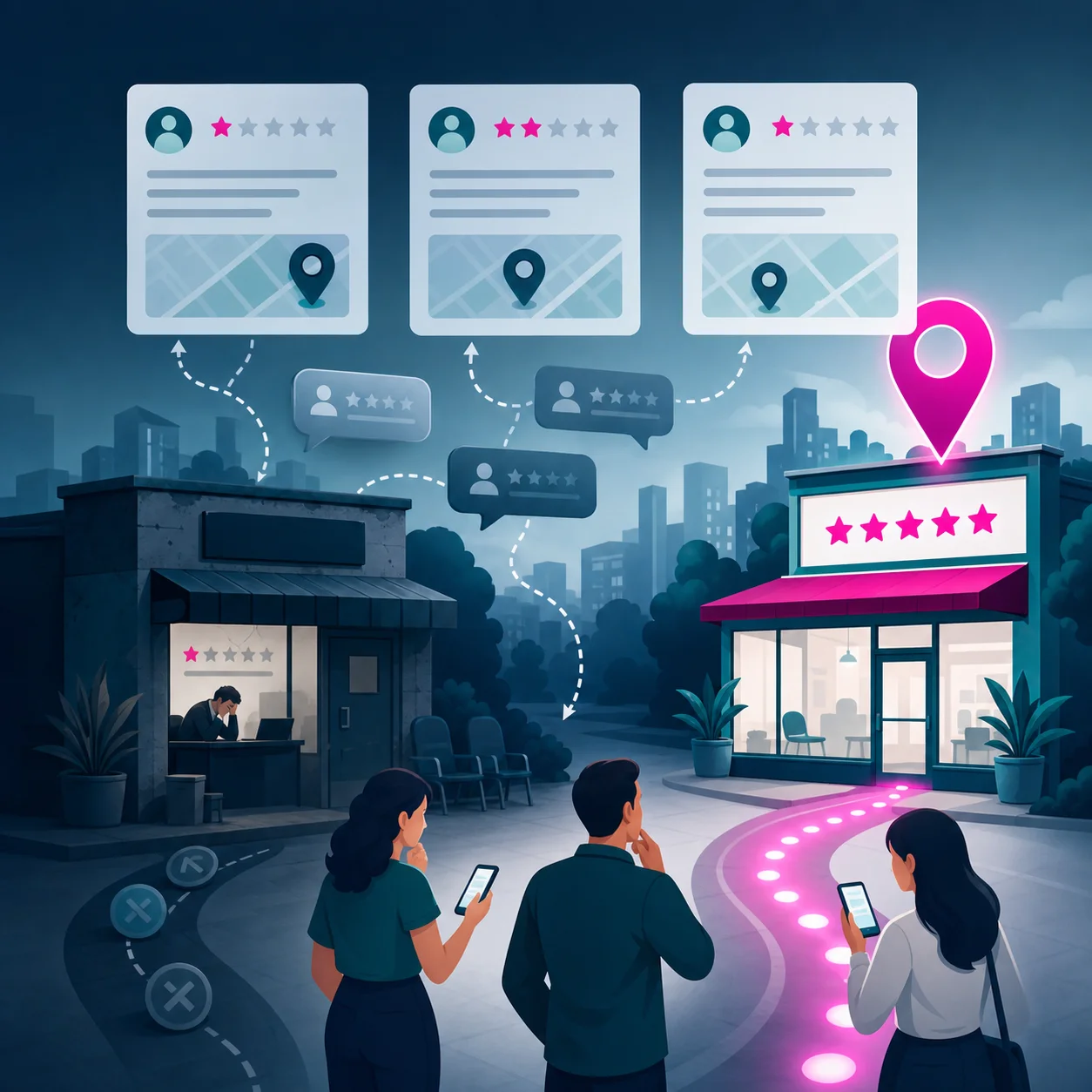 Illustration of a DMV Partner business losing trust because reviews are not visible