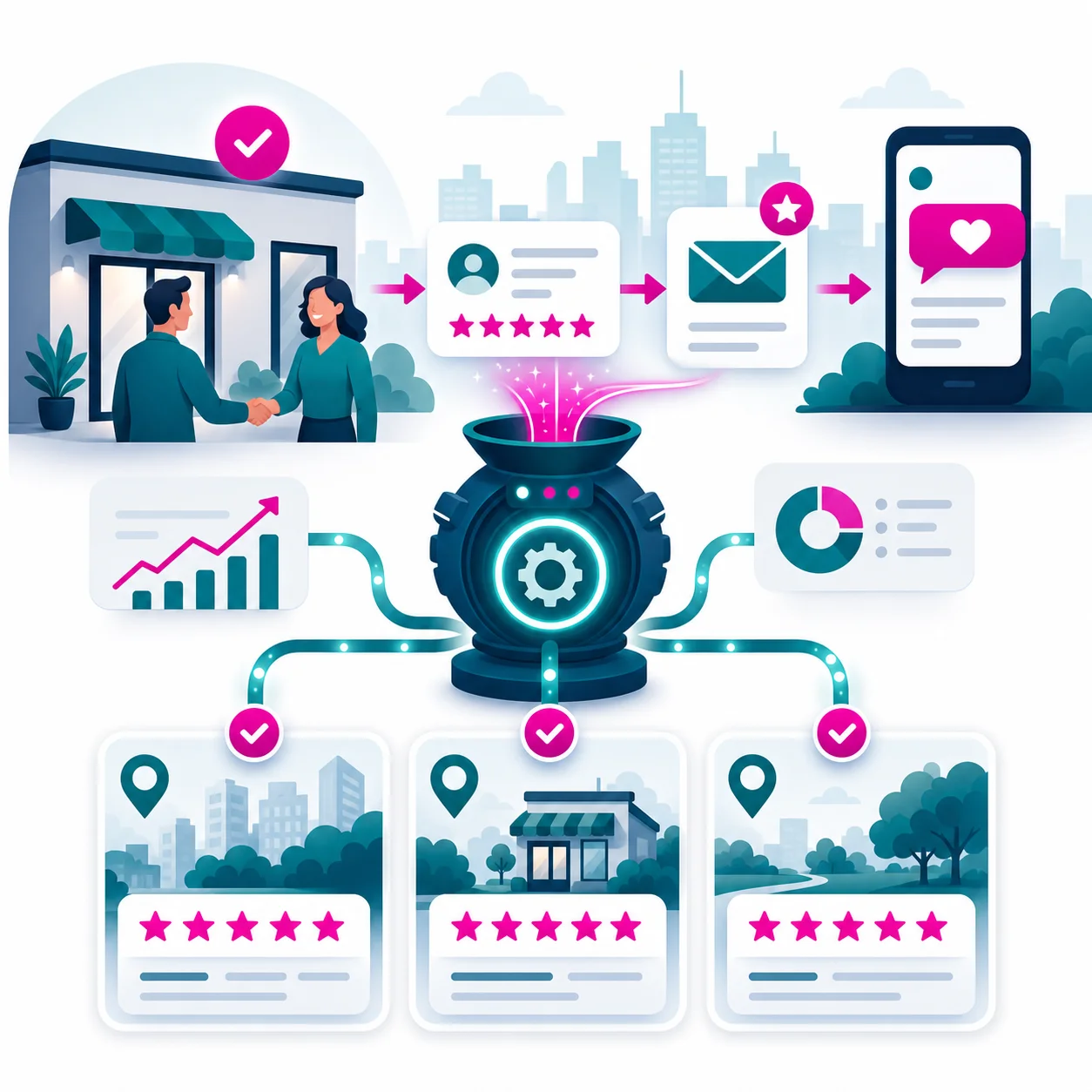 Illustration of review automation growing reputation across multiple local discovery platforms
